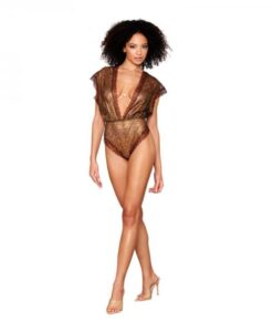 Dreamgirl Delicate Gold-foil Lace Blouson Teddy & Rhinestone Metal Underwire Bra Set Gold L