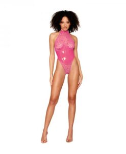 Dreamgirl Flocked Heart Stretch Mesh And Stretch Vinyl Halter Teddy Peony L