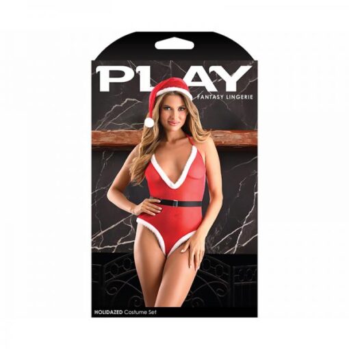 Fantasy Lingerie Play Holidazed Sheer Sparkle Mesh Teddy With Faux Fur Trim, Belt & Santa Hat Red L/
