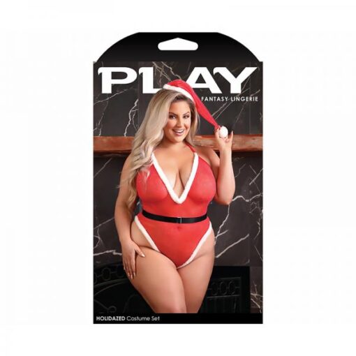 Fantasy Lingerie Play Holidazed Sheer Sparkle Mesh Teddy With Faux Fur Trim, Belt & Santa Hat Red 1x