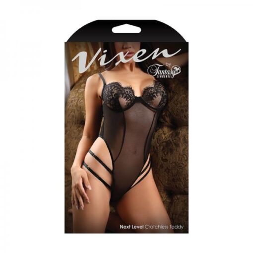 Fantasy Lingerie Vixen Next Level Strappy Crotchless Teddy With Lace Underwire Cups Black L/xl