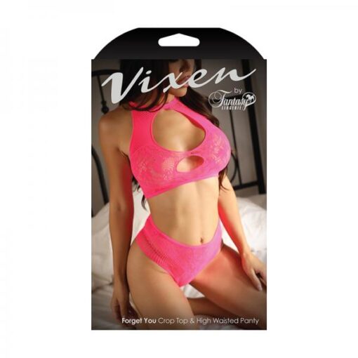 Fantasy Lingerie Vixen Forget You Seamless Lace Crop Top & High Waisted Panty Pink O/s