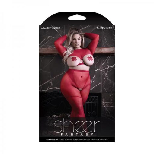 Fantasy Lingerie Sheer Follow Up Longsleeve Open Top, Crotchless Tights & 1 Pair Of Pasties Red Quee