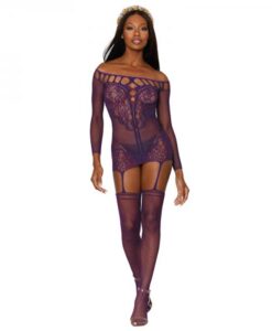 Scalloped Lace Garter Dress Aubergine O/s
