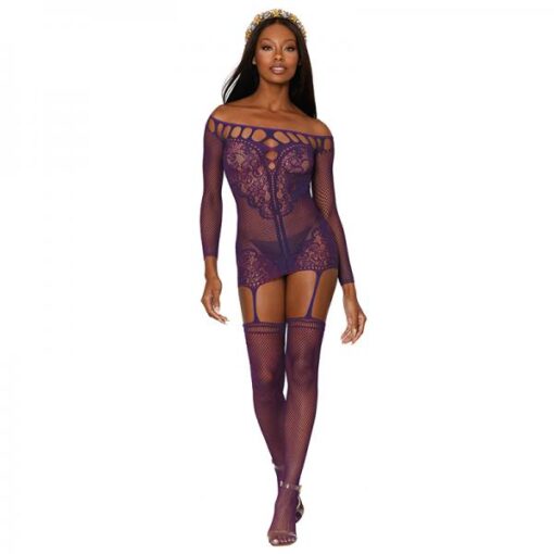 Scalloped Lace Garter Dress Aubergine O/s