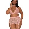 Fishnet & Lace 4pc Set W/ Stretch Velvet Trim Rose Pink Q/s