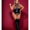 Fishnet Halter Teddy W/ Faux Leather Corset Black Q/s