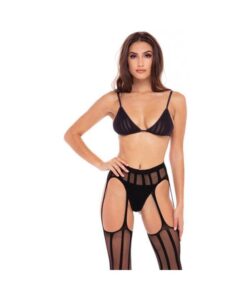 Straight Up 3-piece Sheer Striped Bra, Thong, And Garter Set Black S/m