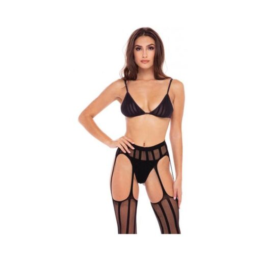 Straight Up 3-piece Sheer Striped Bra, Thong, And Garter Set Black S/m