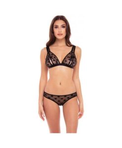 Rene Rofe Naughty Knickers Heart Mesh Peek A Boo Bra & Panties Black M/l
