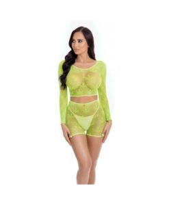 Pink Lipstick Leaf It To Me Long Sleeve Crop Top & Short Green O/s