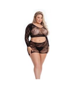 Pink Lipstick Leaf It To Me Long Sleeve Crop Top & Short Black Qn