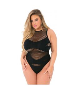 Pink Lipstick Criss Cross Fishnet Bodysuit Black Qn