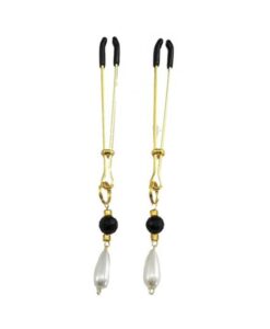 Bijoux De Nip Tweezer Nipple Clamp W/black & Gold Beads W/pearl - Gold