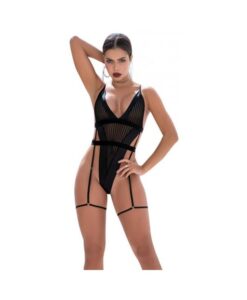 Shadow Panel Bodysuit W/hook & Eye Crotch Closure & Attached Garters Black M/l