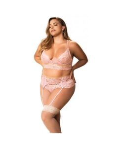 Lace Underwire Bra, Thong & Garterbelt W/lace Up Detail Rose 2x/3x