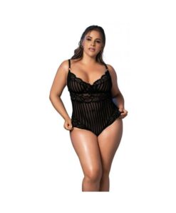 Shadow Stripe & Lace Teddy W/hook & Eye Closure Black 2x/3x