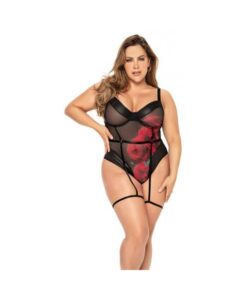 Underwire Teddy W/attached Garter Straps & Hook & Eye Crotch Closure Black/red 3x/4x