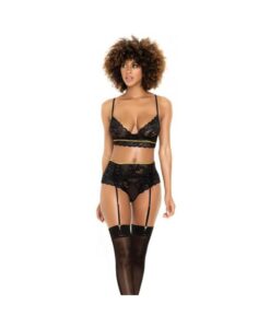 Lace Underwire Bra, Thong & Garterbelt W/lace Up Detail Black S/m