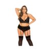 Lace Underwire Bra, Thong & Garterbelt W/lace Up Detail Black 1x/2x
