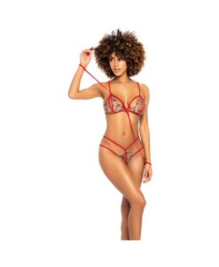 Peek A Boo Top W/detachable Wrist Straps, Thong & Eye Mask Red/snake S/m