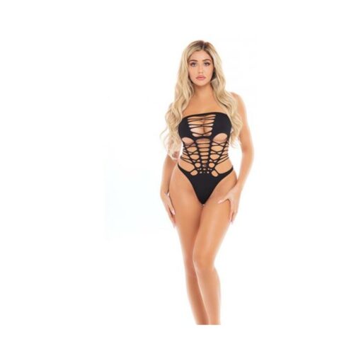 Pink Lipstick Bad Habits Strapless Bodysuit Black O/s