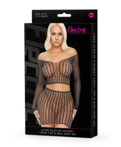 Electric Lingerie Long Sleeve Fishnet Crop Top & Mini Skirt Set O/S