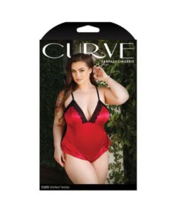 Curve Cleo Skirted Teddy With Lace Trim And Snap Closure Red 3x/4x