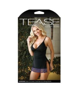 Tease Adrienne Side-cinched Microfiber Chemise With Floral Lace Trim & G-string Panty Black L/xl
