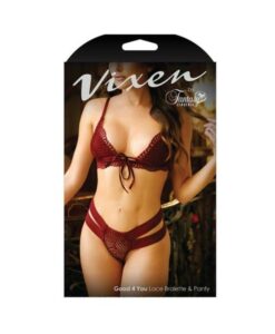 Vixen Good 4 You Lace Triangle Bralette & Matching Panty With Double-strap Waistband Burgundy L/xl