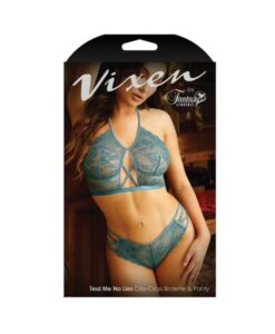 Vixen Teal Me No Lies Criss-cross Lace Halter Bralette & Matching Panty Teal O/s