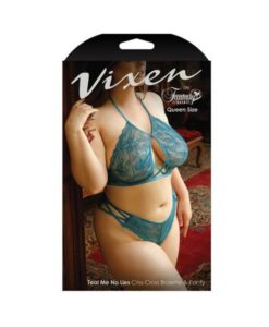 Vixen Teal Me No Lies Criss-cross Lace Halter Bralette & Matching Panty Teal Queen