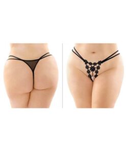 Aster Crotchless Strappy Flower Pearl Thong Black Queen