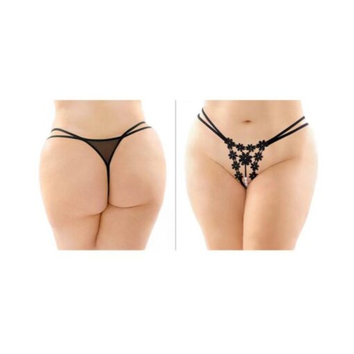 Aster Crotchless Strappy Flower Pearl Thong Black Queen