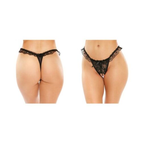 Flora Ruffled Lace Crotchless Pearl Thong Black S/m