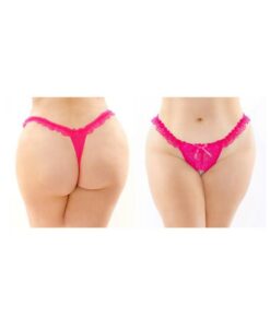 Flora Ruffled Lace Crotchless Pearl Thong Pink Queen