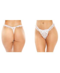 Flora Ruffled Lace Crotchless Pearl Thong White S/m