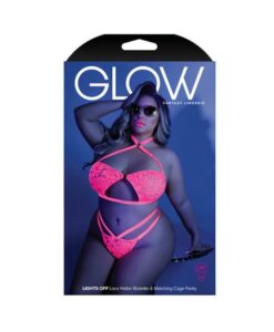 Glow Lights Off Lace Halter Bralette & Cage Panty Neon Pink Qs