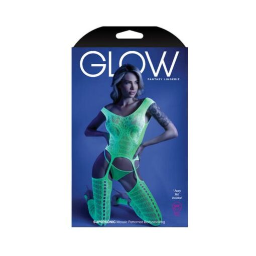 Glow Supersonic Mosaic Pattern Gartered Bodystocking Neon Green Os