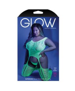 Glow Supersonic Mosaic Pattern Gartered Bodystocking Neon Green Qs