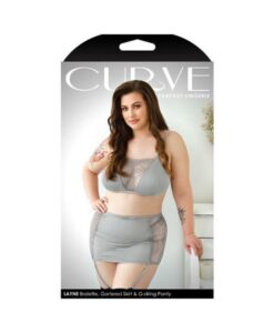 Curve Layne Lace Panel Bralette, Matching Gartered Skirt & G-string Panty 1x/2x Gray