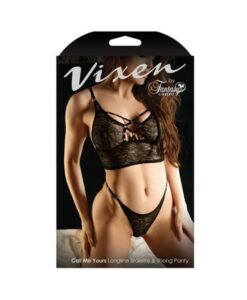 Vixen Call Me Yours Longline Bralette With Grommets & Thong Panty Black L/xl