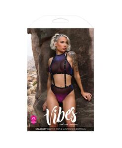 Fantasy Lingerie Vibes Stardust Iridescent Halter Top & Suspender Bottoms With Uv Reactive Star Prin