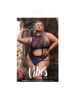Fantasy Lingerie Vibes Stardust Iridescent Halter Top & Suspender Bottoms With Uv Reactive Star Prin