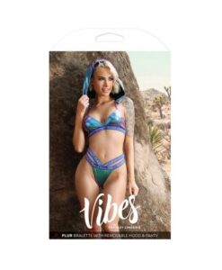Fantasy Lingerie Vibes Plur Holographic Bralette With Removable Hood & Panty Aqua Holo S/m