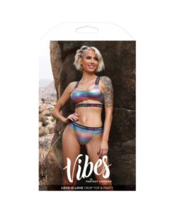 Fantasy Lingerie Vibes Love Is Love Underboob Cut Out Top & Cheeky Panty Rainbow Holo L/xl
