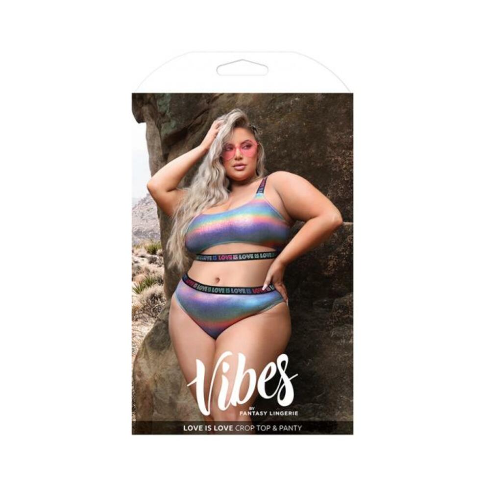 Fantasy Lingerie Vibes Love Is Love Underboob Cut Out Top & Cheeky Panty Rainbow Holo Queen Size