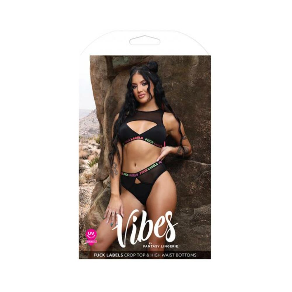 Fantasy Lingerie Vibes Fuck Labels Keyhole Top & High Waist Bottoms With Uv Reactive Elastic Black S