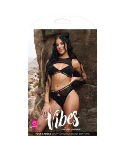 Fantasy Lingerie Vibes Fuck Labels Keyhole Top & High Waist Bottoms With Uv Reactive Elastic Black L