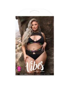 Fantasy Lingerie Vibes Fuck Labels Keyhole Top & High Waist Bottoms With Uv Reactive Elastic Black Q